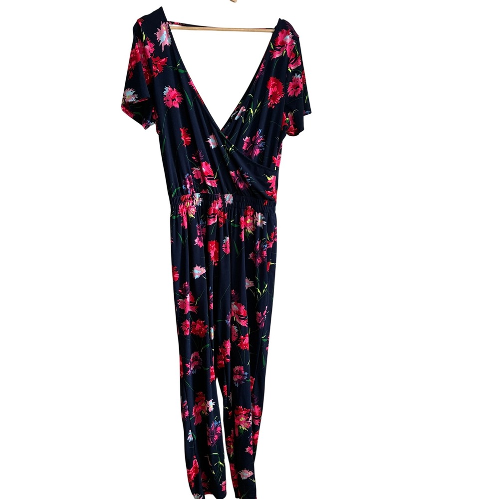 Express Floral Surplice Jumpsuit Large Navy Pink Womens Stretch Knit